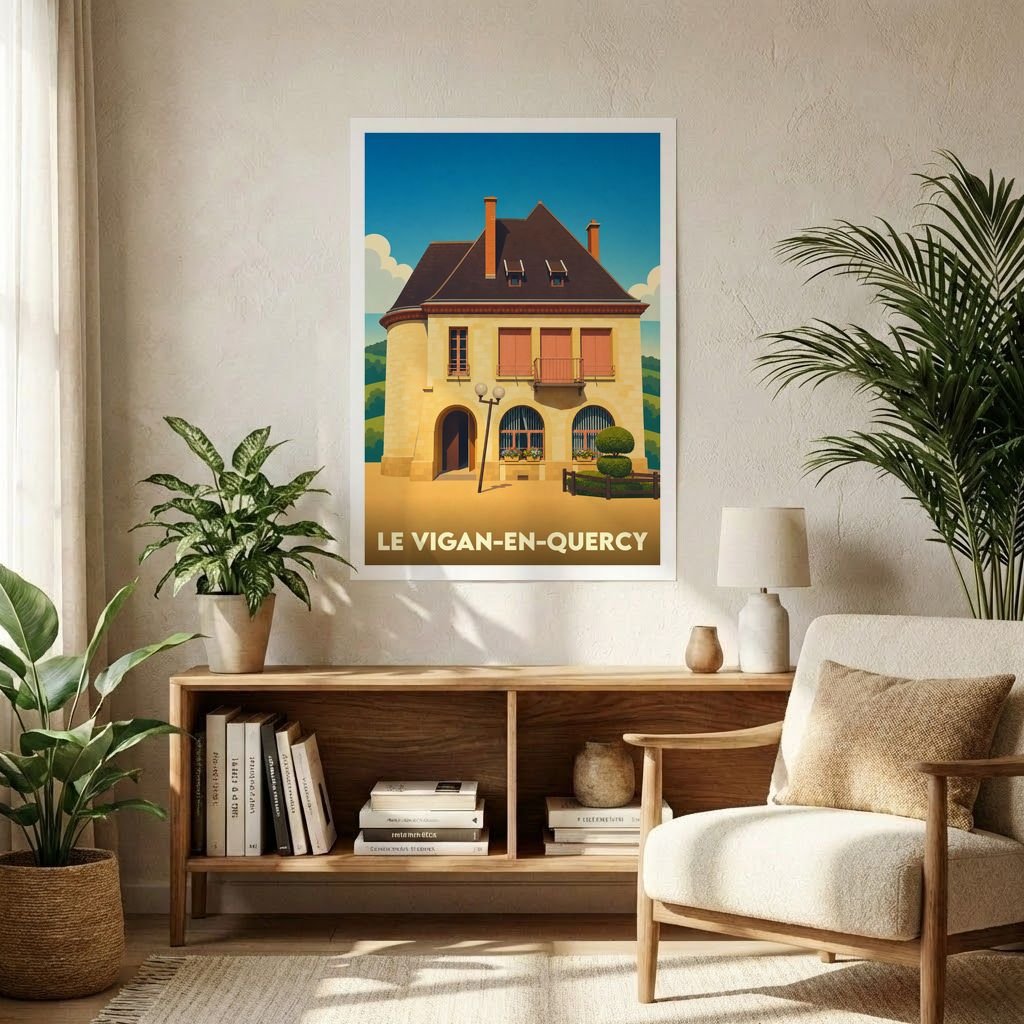 Affiche souvenir de la ville de Le Vigan-en-Quercy avec une illustration stylisée d'un bâtiment typique.