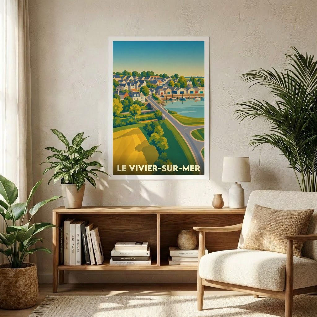 Affiche souvenir de la ville de Le Vivier-sur-Mer avec une illustration stylisée d'un paysage côtier.