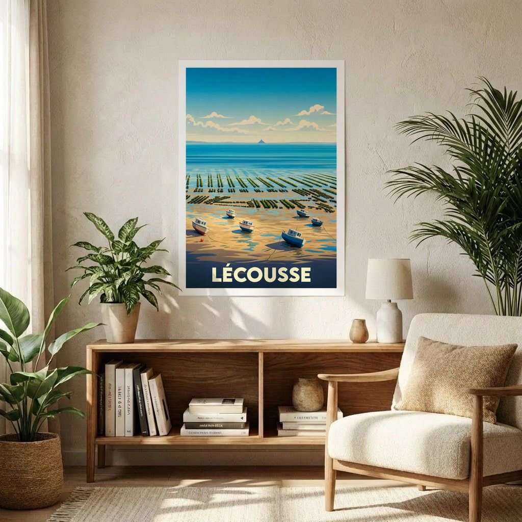 Affiche souvenir de la ville de Lécousse illustrant un paysage maritime stylisé avec des parcs à huîtres et des bateaux.