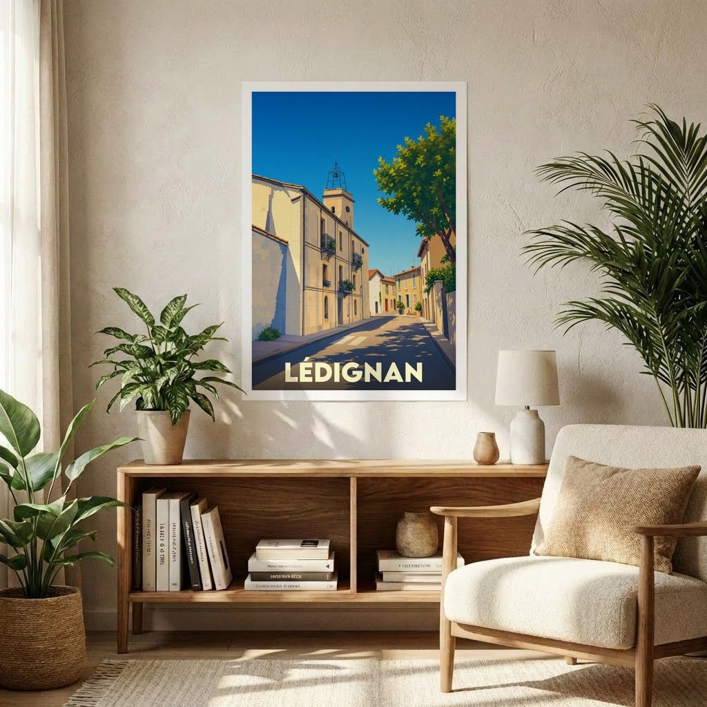 Affiche souvenir de la ville de Lédignan avec une illustration stylisée d'une rue ensoleillée.