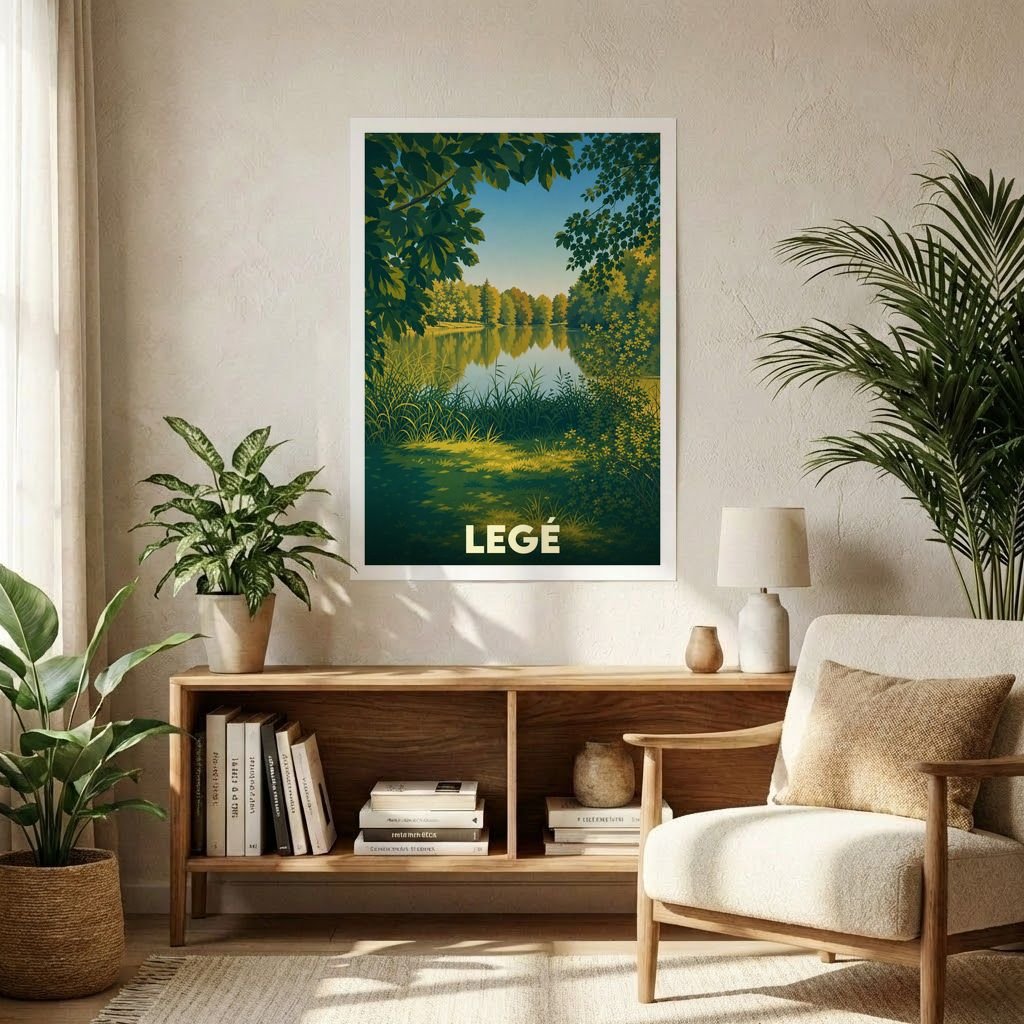 Affiche souvenir de la ville de Legé avec une illustration stylisée d'un lac bordé de végétation.