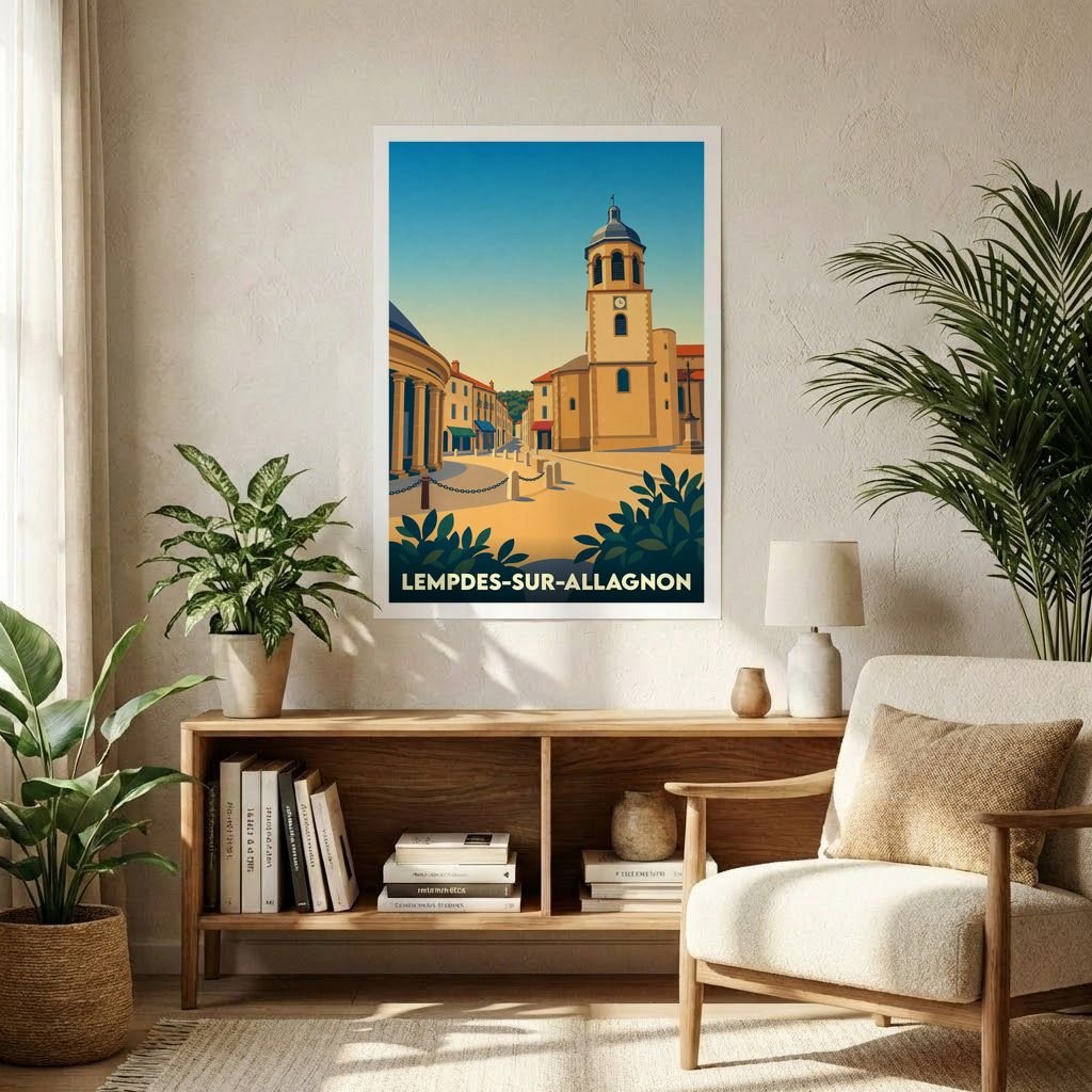 Affiche souvenir de la ville de Lempdes-sur-Allagnon avec une illustration stylisée de son église et de sa place centrale.