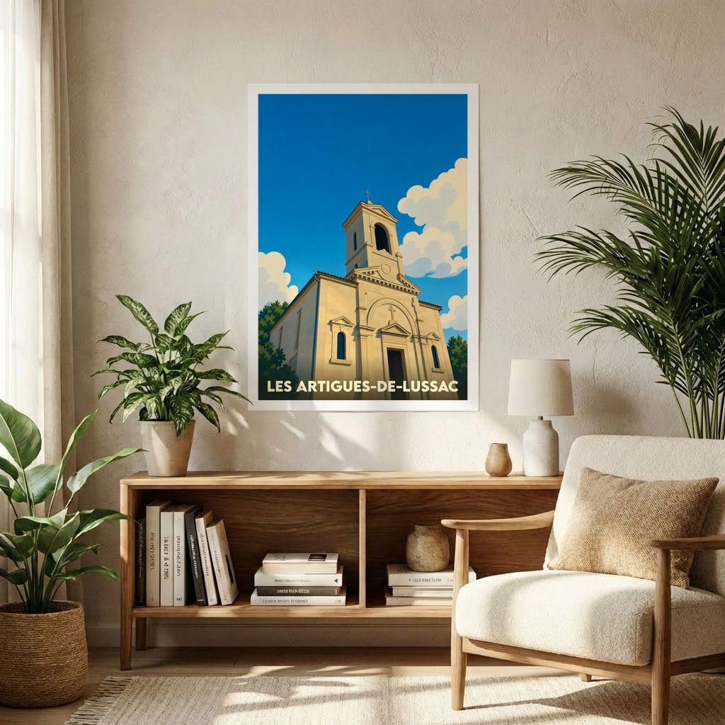 Affiche souvenir de la ville de Les Artigues-de-Lussac avec une illustration stylisée d'une église sous un ciel bleu.