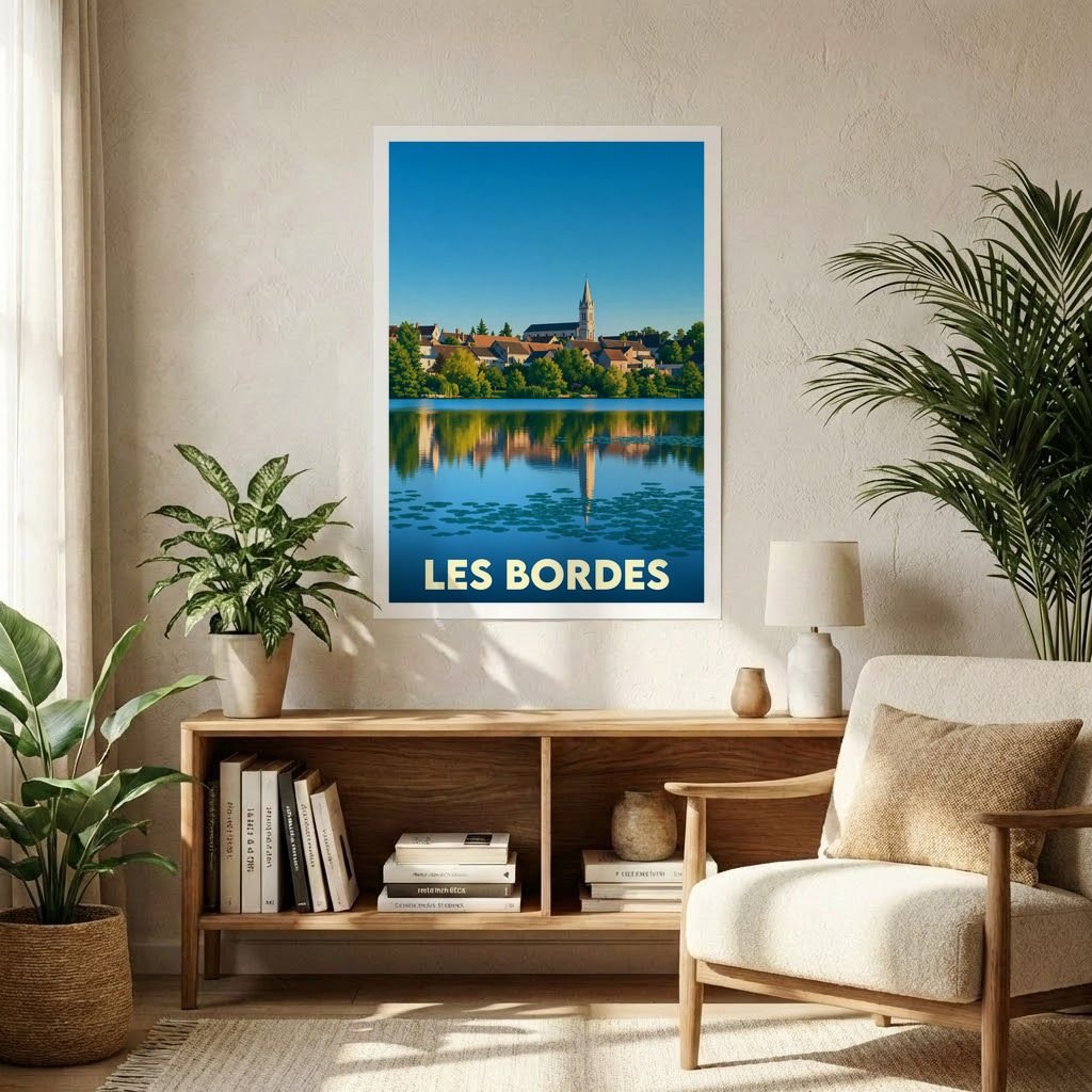 Affiche souvenir de la ville de Les Bordes avec une illustration stylisée représentant son église et ses reflets sur l'eau.