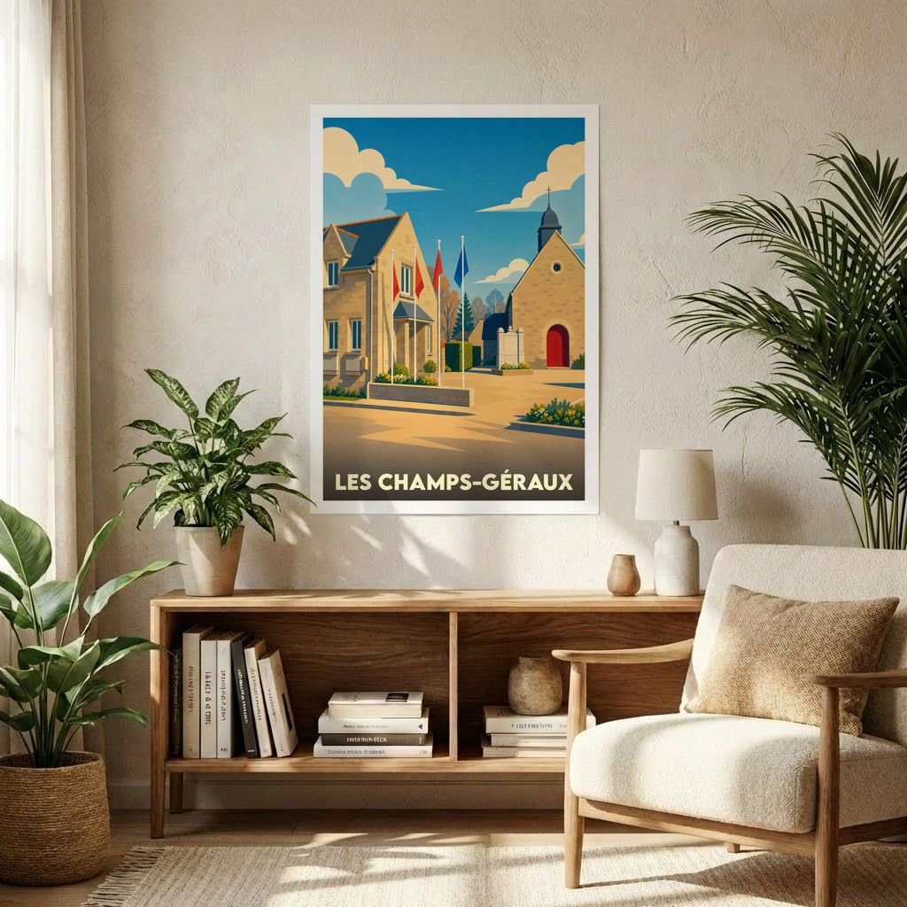 Affiche souvenir de la ville de Les Champs-Géraux avec une illustration stylisée d'une place de village.