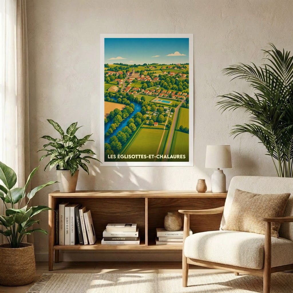 Affiche souvenir de la ville de Les Églisottes-et-Chalaures avec une illustration stylisée et colorée de son paysage.