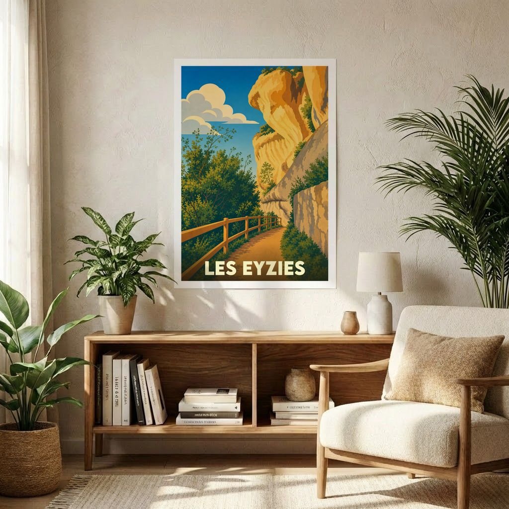 Affiche souvenir de la ville de Les Eyzies avec une illustration stylisée de ses falaises et d'un sentier.