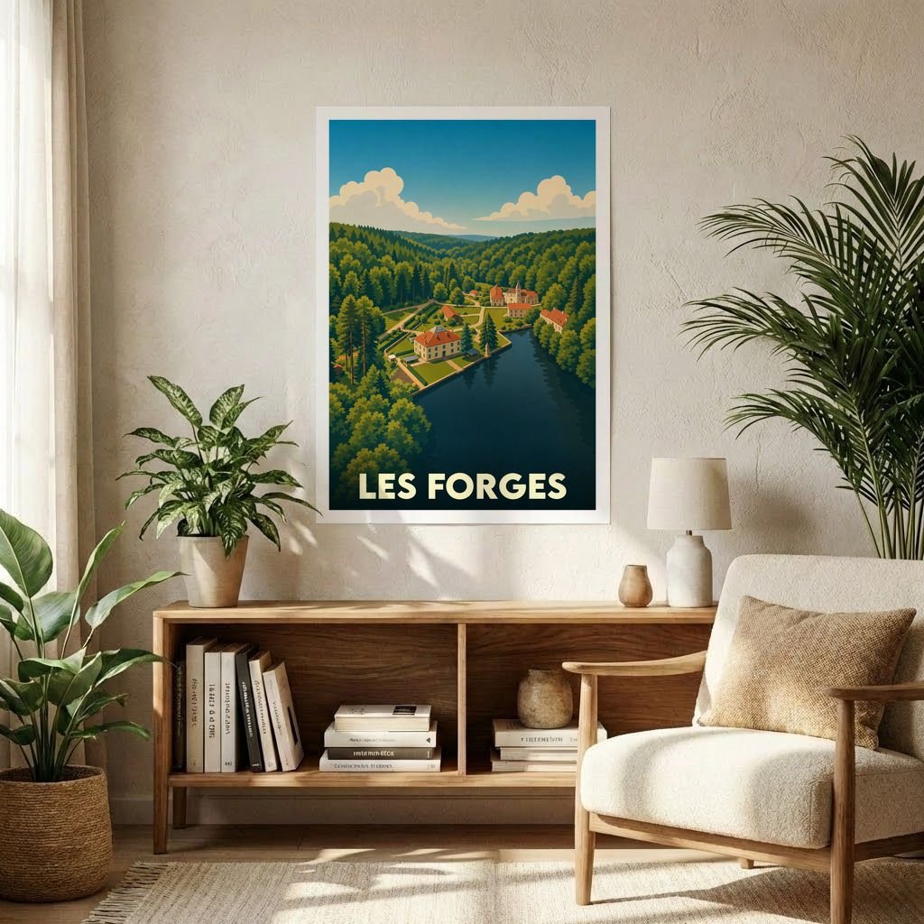 Affiche souvenir de la ville de Les Forges représentant une vue aérienne illustrée d'un domaine au bord de l'eau.