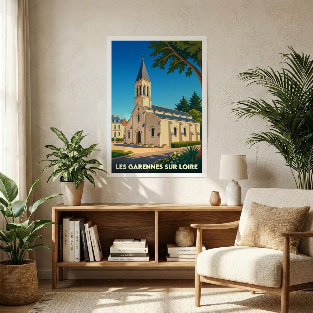 Affiche souvenir de la ville de Les Garennes sur Loire illustrant son église dans un style graphique et coloré.