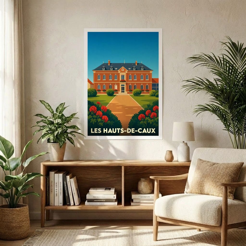 Affiche souvenir de la ville de Les Hauts-de-Caux avec une illustration stylisée d'un domaine majestueux.