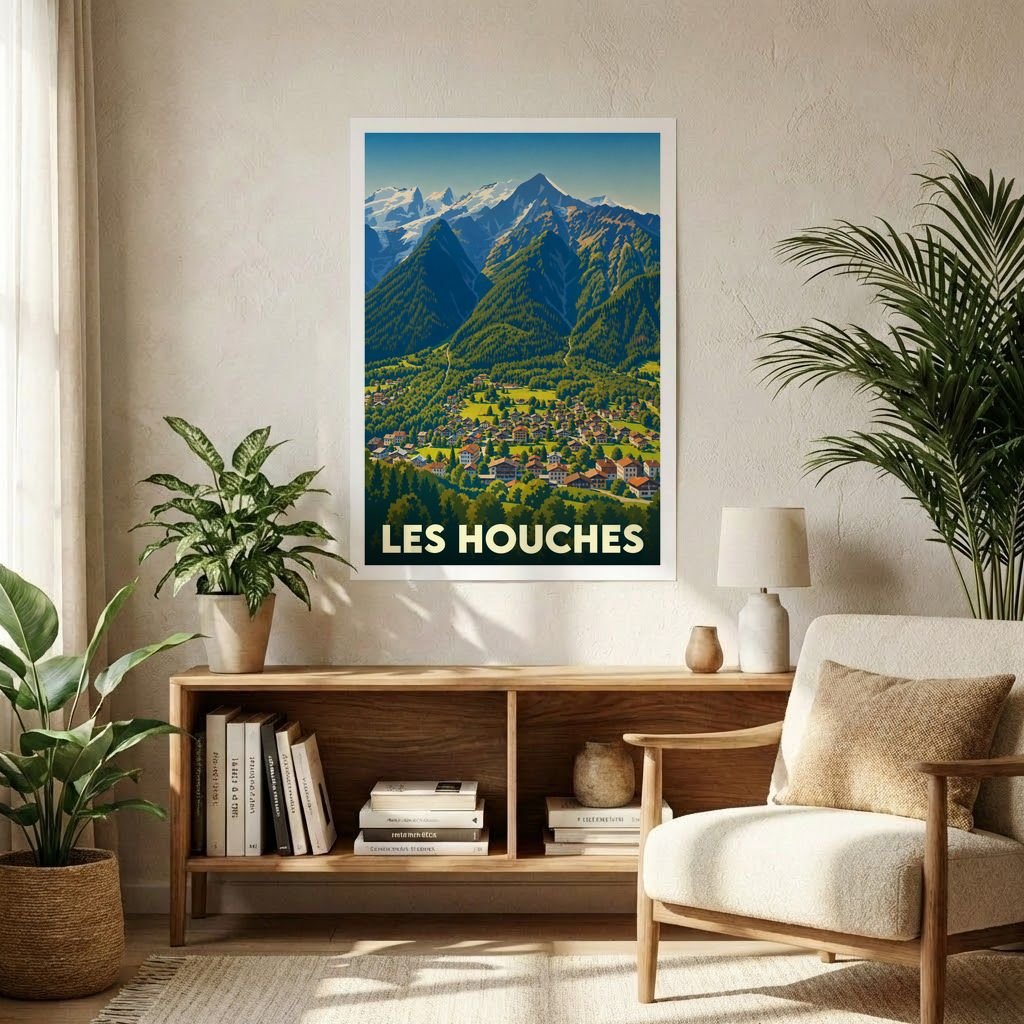 Affiche souvenir de la ville de Les Houches avec une illustration stylisée de ses montagnes et de son village.