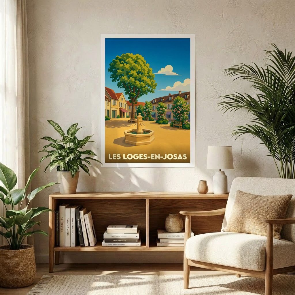 Affiche souvenir de la ville de Les Loges-en-Josas avec une illustration stylisée d'une place ensoleillée et sa fontaine.