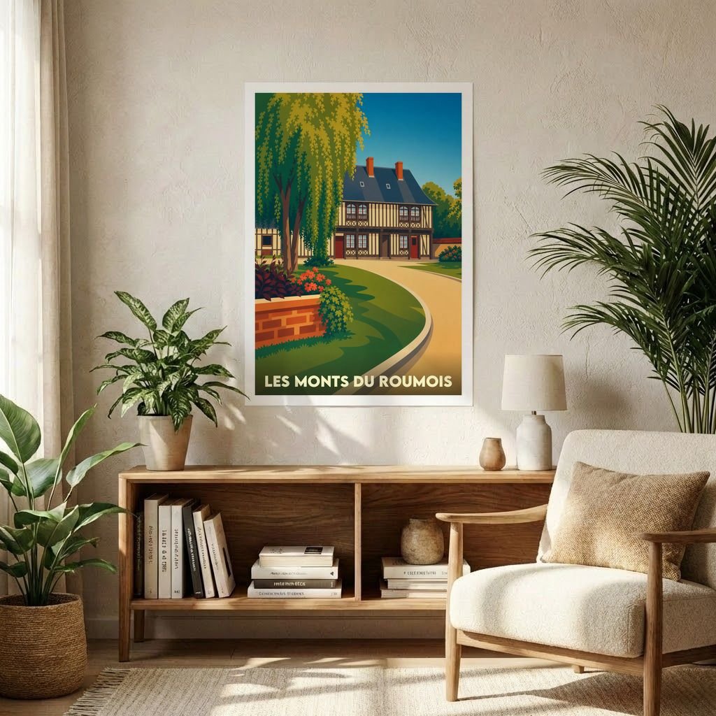 Affiche souvenir de la ville de Les Monts du Roumois avec une illustration stylisée d'une maison à colombages.