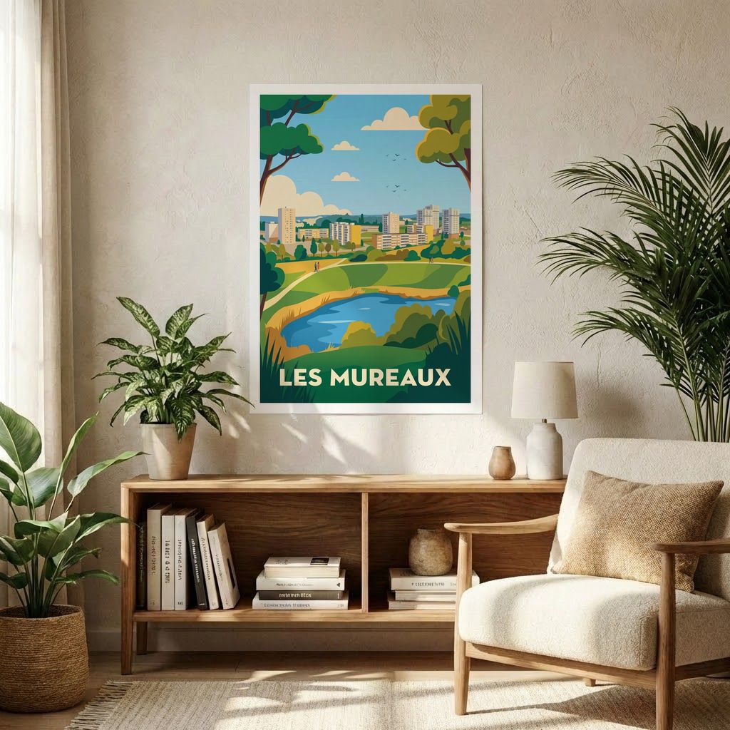 Affiche souvenir de la ville de Les Mureaux avec une illustration stylisée de son paysage urbain et naturel.
