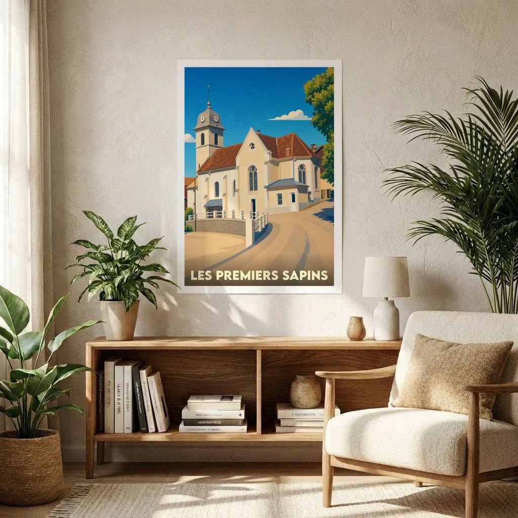 Affiche souvenir de la ville de Les Premiers Sapins avec une illustration stylisée de son église sous un ciel bleu.