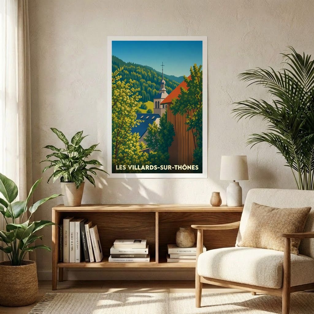 Affiche souvenir de la ville de Les Villards-sur-Thônes avec une illustration stylisée d'un clocher de montagne.