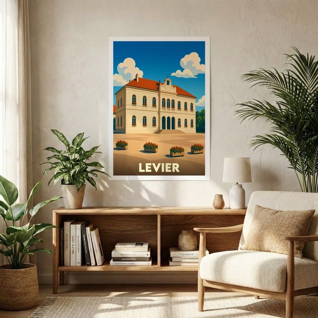 Affiche souvenir de la ville de Levier avec une illustration stylisée de l'hôtel de ville.