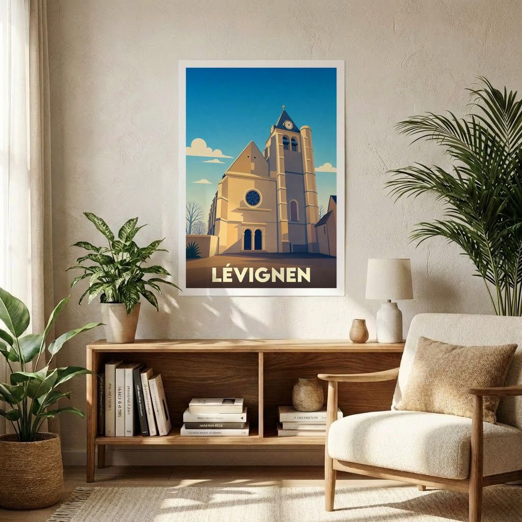 Affiche souvenir de la ville de Lévignen illustrant son église dans un style graphique épuré.