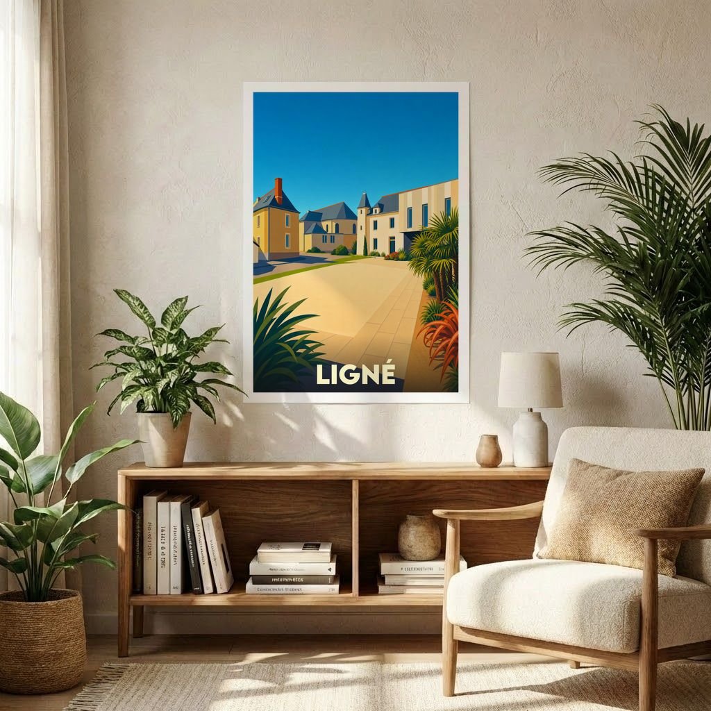Affiche souvenir de la ville de Ligné présentant une illustration stylisée et colorée de son architecture.