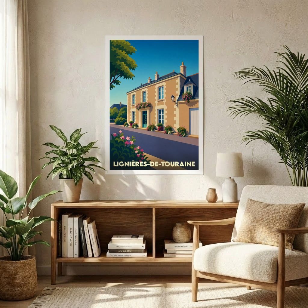 Affiche souvenir de la ville de Lignières-de-Touraine avec une illustration stylisée d'une maison de village fleurie.