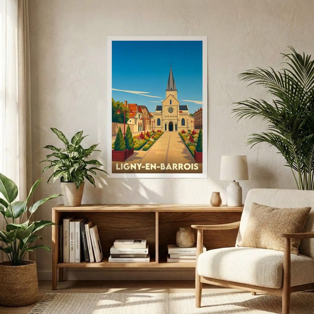 Affiche souvenir de la ville de Ligny-en-Barrois avec une illustration stylisée de son église et de ses jardins.