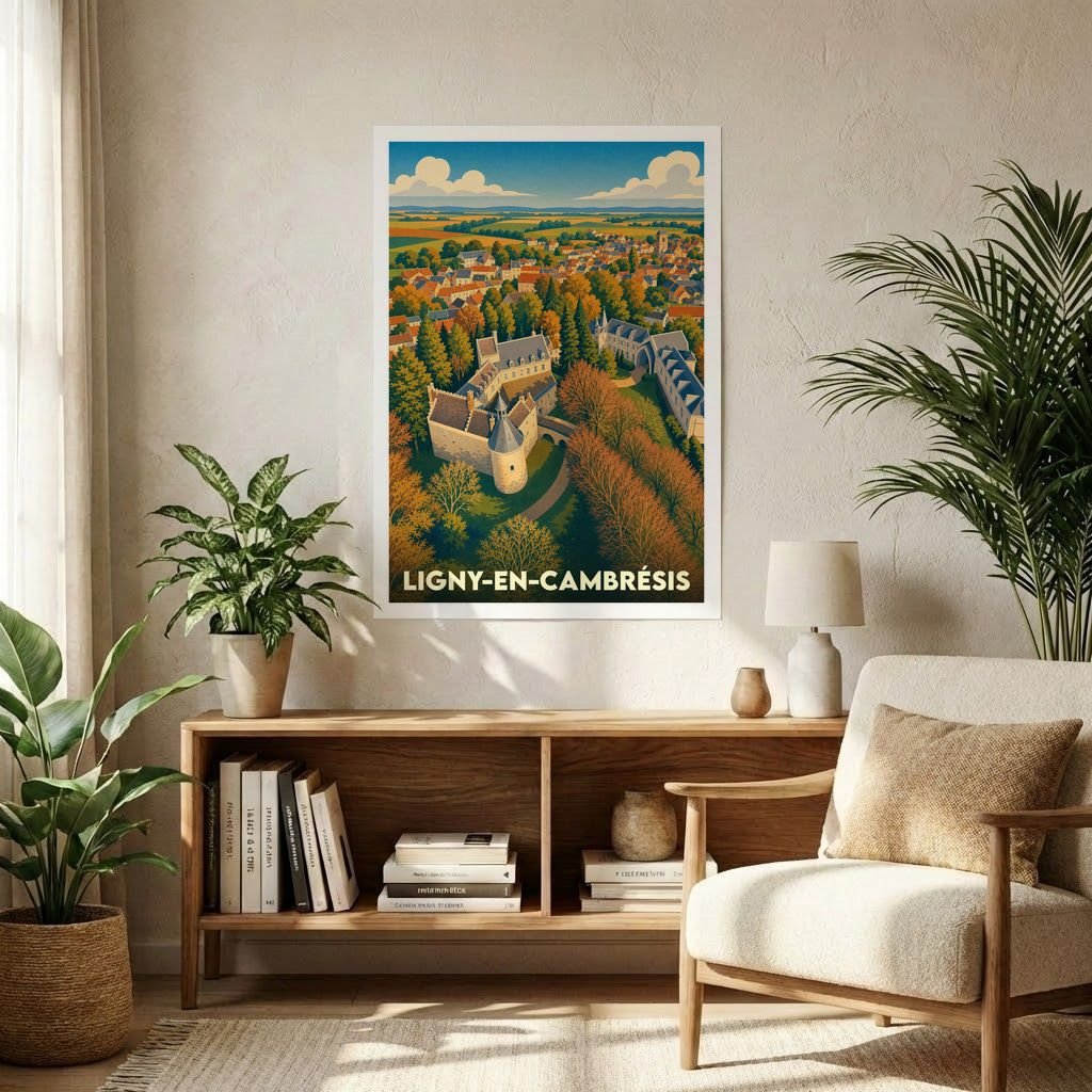Affiche souvenir de la ville de Ligny-en-Cambrésis présentant une illustration stylisée d'un château entouré de paysages automnaux.