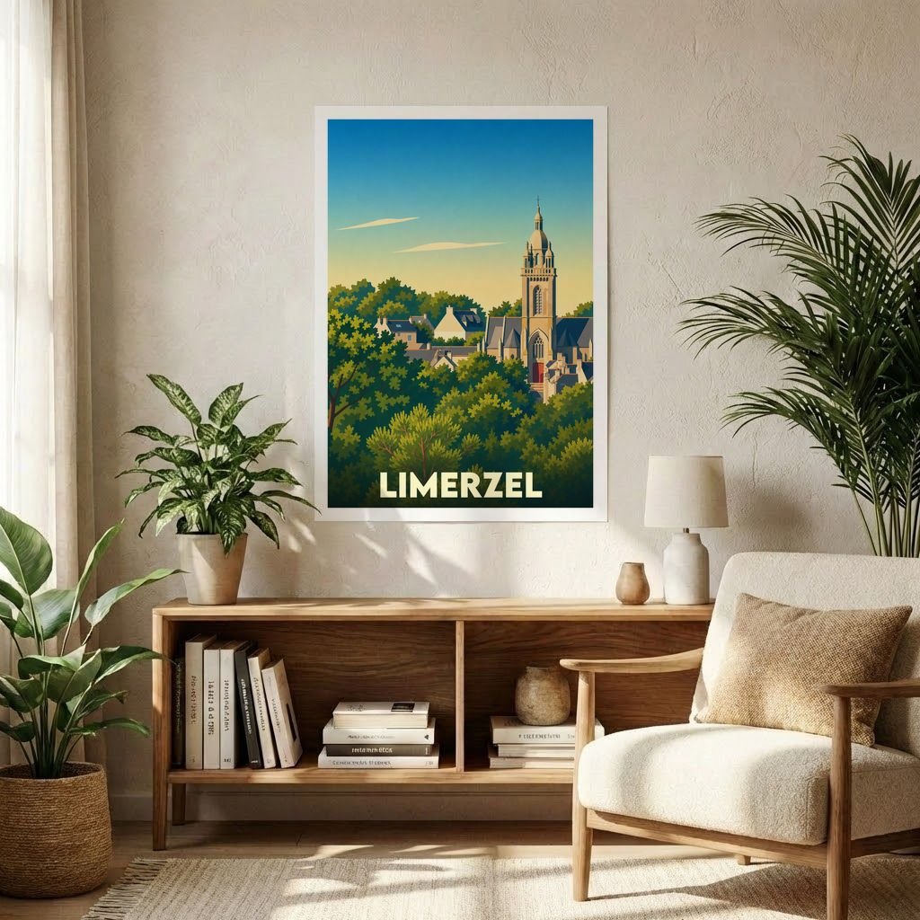 Affiche souvenir de la ville de Limerzel présentant une illustration stylisée de son église émergeant de la végétation.