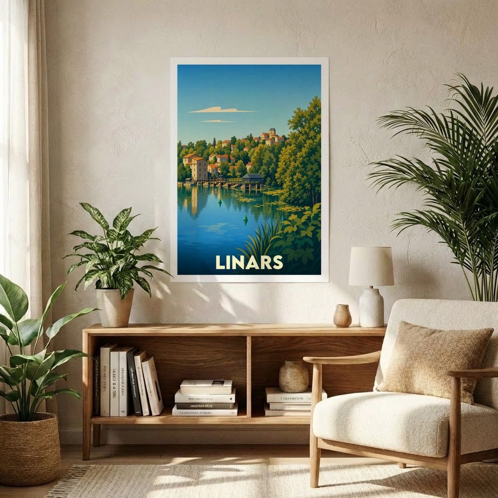 Affiche souvenir de la ville de Linars avec une illustration stylisée d'un paysage lacustre.