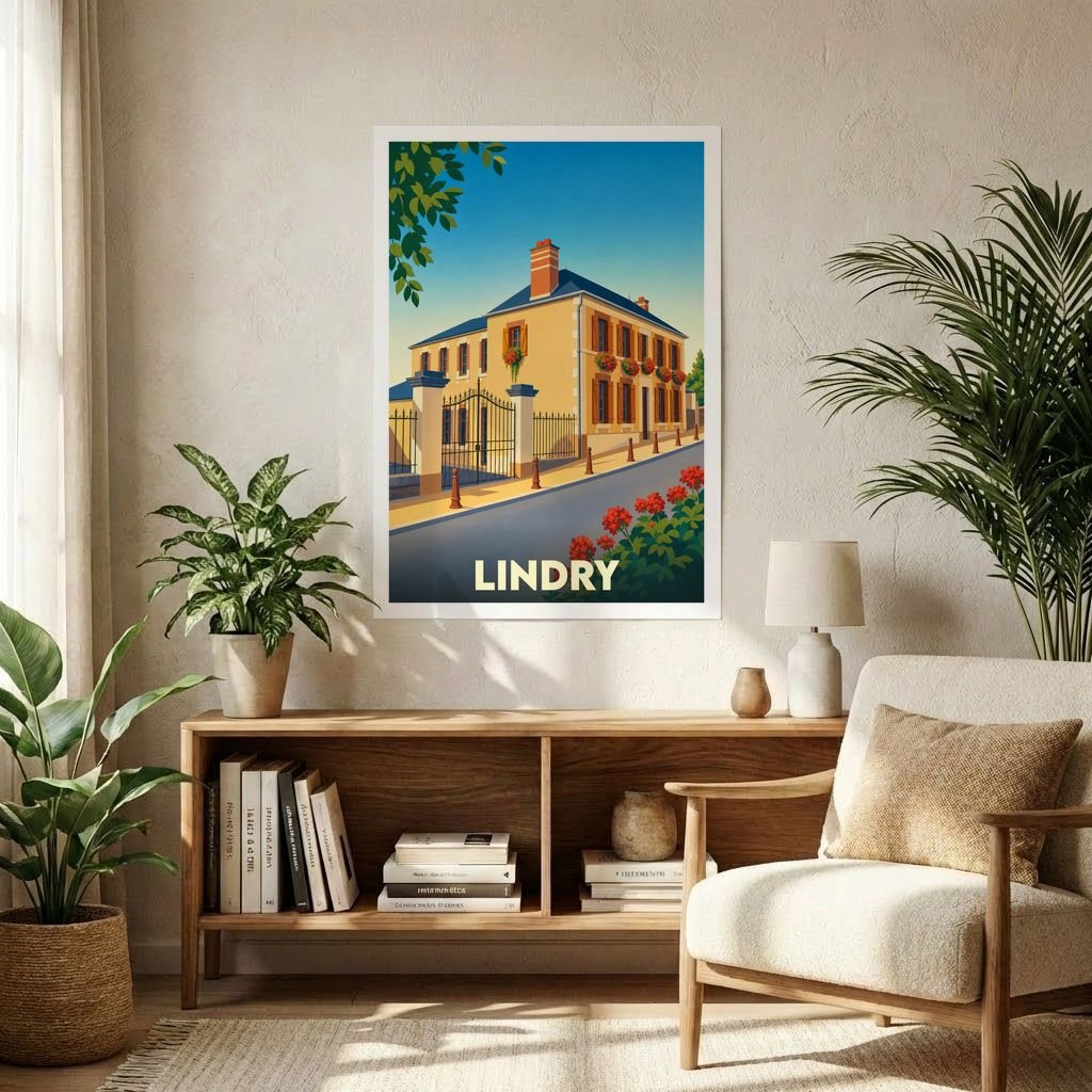 Affiche souvenir de la ville de Lindry illustrant une maison bourguignonne typique dans un style vintage coloré.