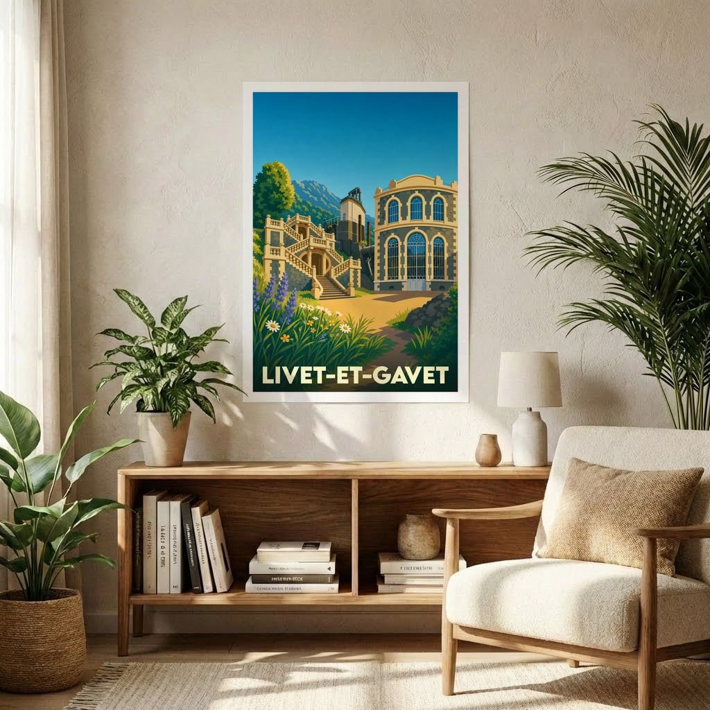 Affiche souvenir de la ville de Livet-et-Gavet avec une illustration stylisée de son patrimoine architectural et industriel.