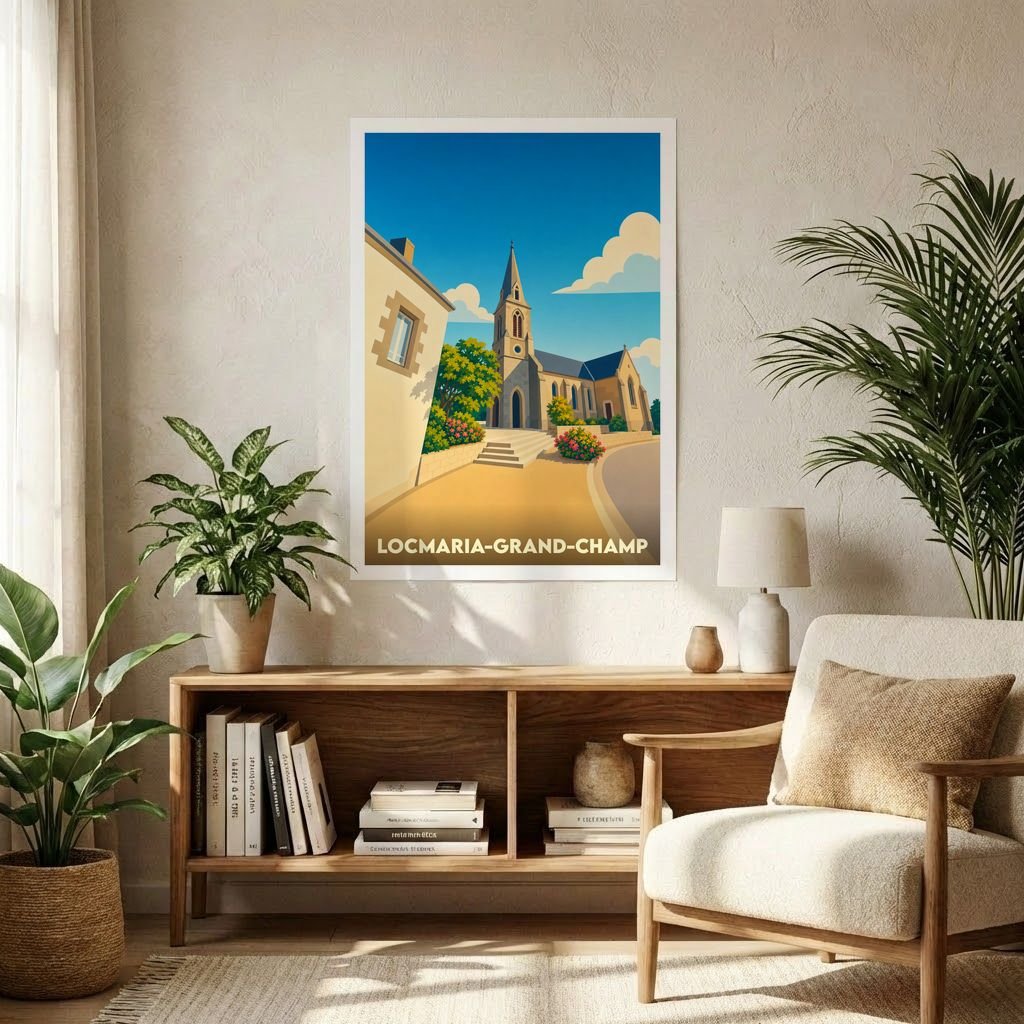 Affiche souvenir de la ville de Locmaria-Grand-Champ avec une illustration stylisée d'une église sous un ciel bleu.
