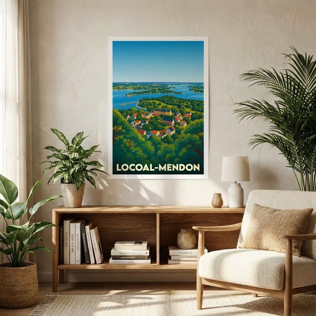 Affiche souvenir de la ville de Locoal-Mendon avec une illustration stylisée et colorée du paysage côtier.