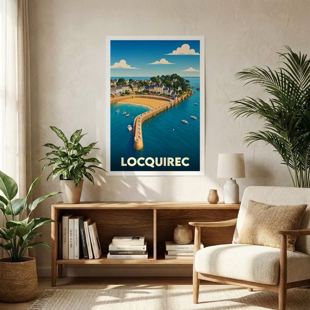 Affiche souvenir de la ville de Locquirec représentant son port et sa jetée dans un style graphique épuré.