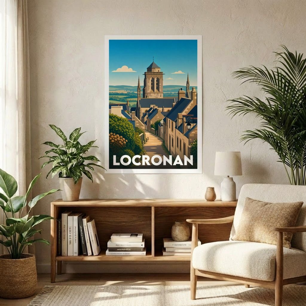 Affiche souvenir de la ville de Locronan avec une illustration stylisée d'un village pittoresque breton.