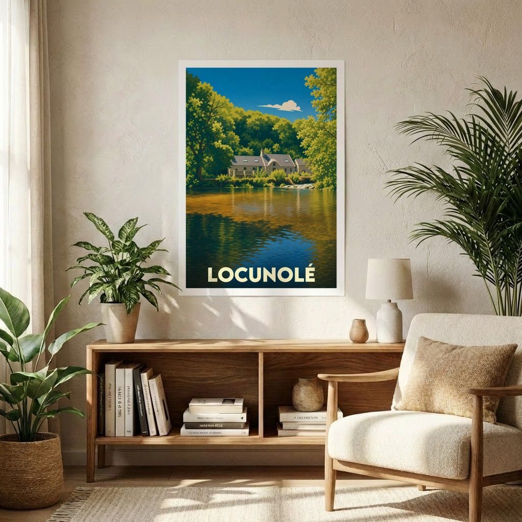 Affiche souvenir de la ville de Locunolé avec une illustration stylisée d'une maison au bord de l'eau.