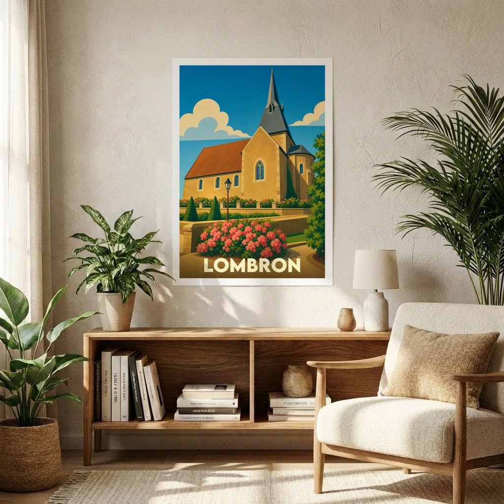 Affiche souvenir de la ville de Lombron avec une illustration stylisée de son église et de ses jardins.