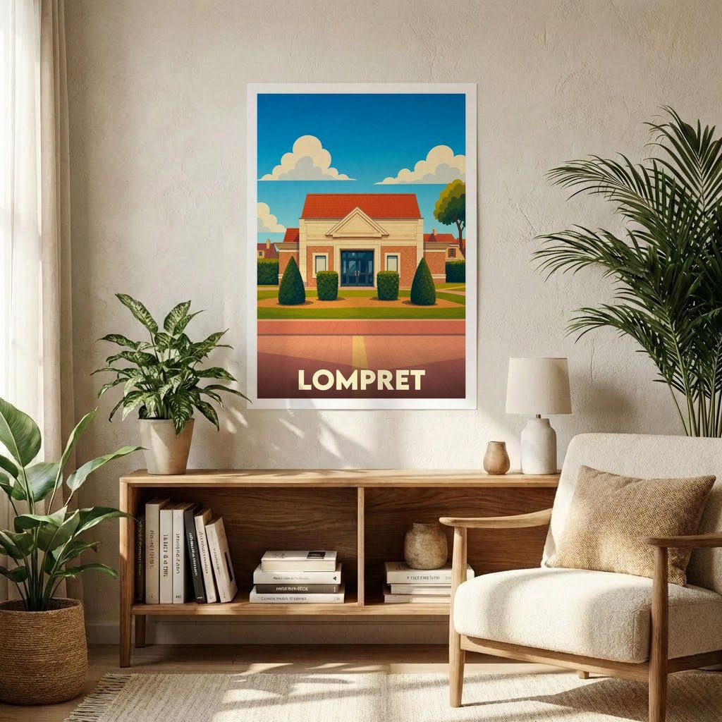 Affiche souvenir de la ville de Lompret avec une illustration stylisée et colorée.