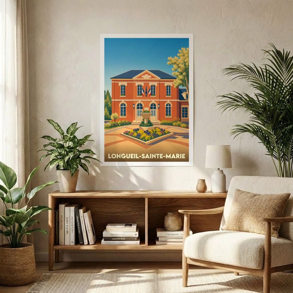 Affiche souvenir de la ville de Longueil-Sainte-Marie avec une illustration stylisée de son hôtel de ville.