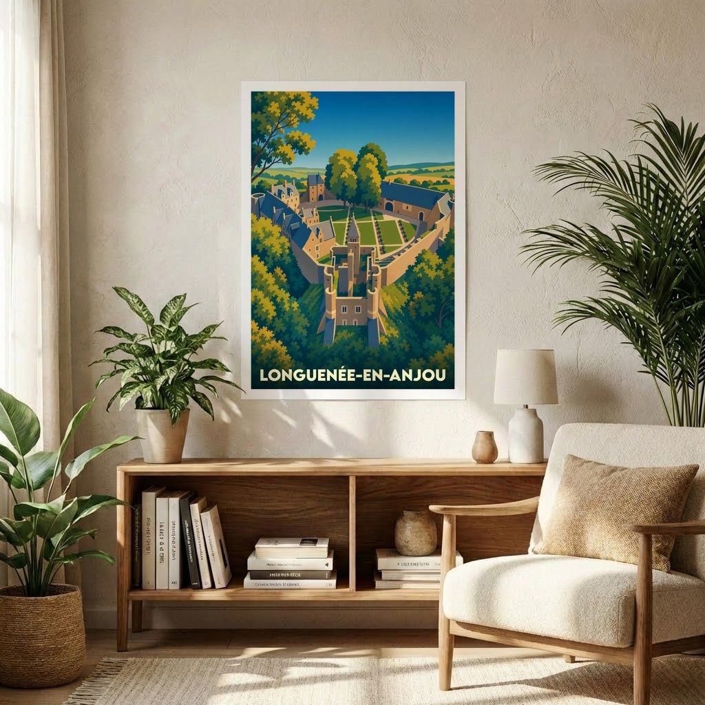 Affiche souvenir de la ville de Longuenée-en-Anjou avec une illustration stylisée d'un château.