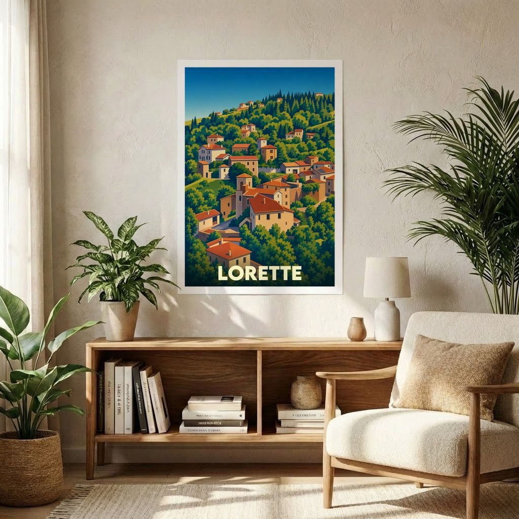 Affiche souvenir de la ville de Lorette avec une illustration stylisée d'un village perché ensoleillé.