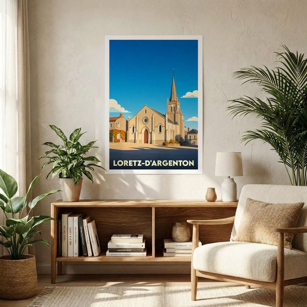 Affiche souvenir de la ville de Loretz-d'Argenton représentant son église dans un style graphique épuré et ensoleillé.