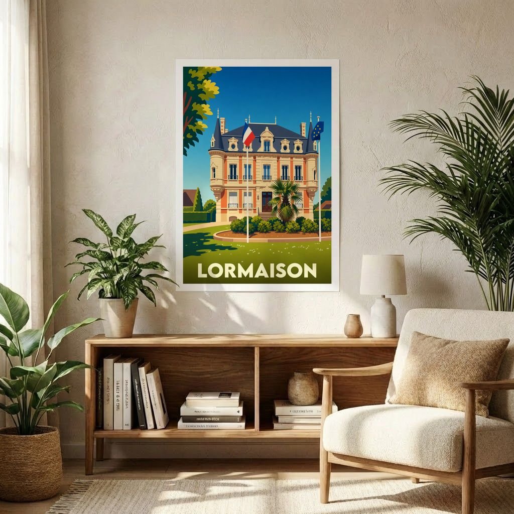 Affiche souvenir de la ville de Lormaison avec une illustration stylisée de sa mairie.
