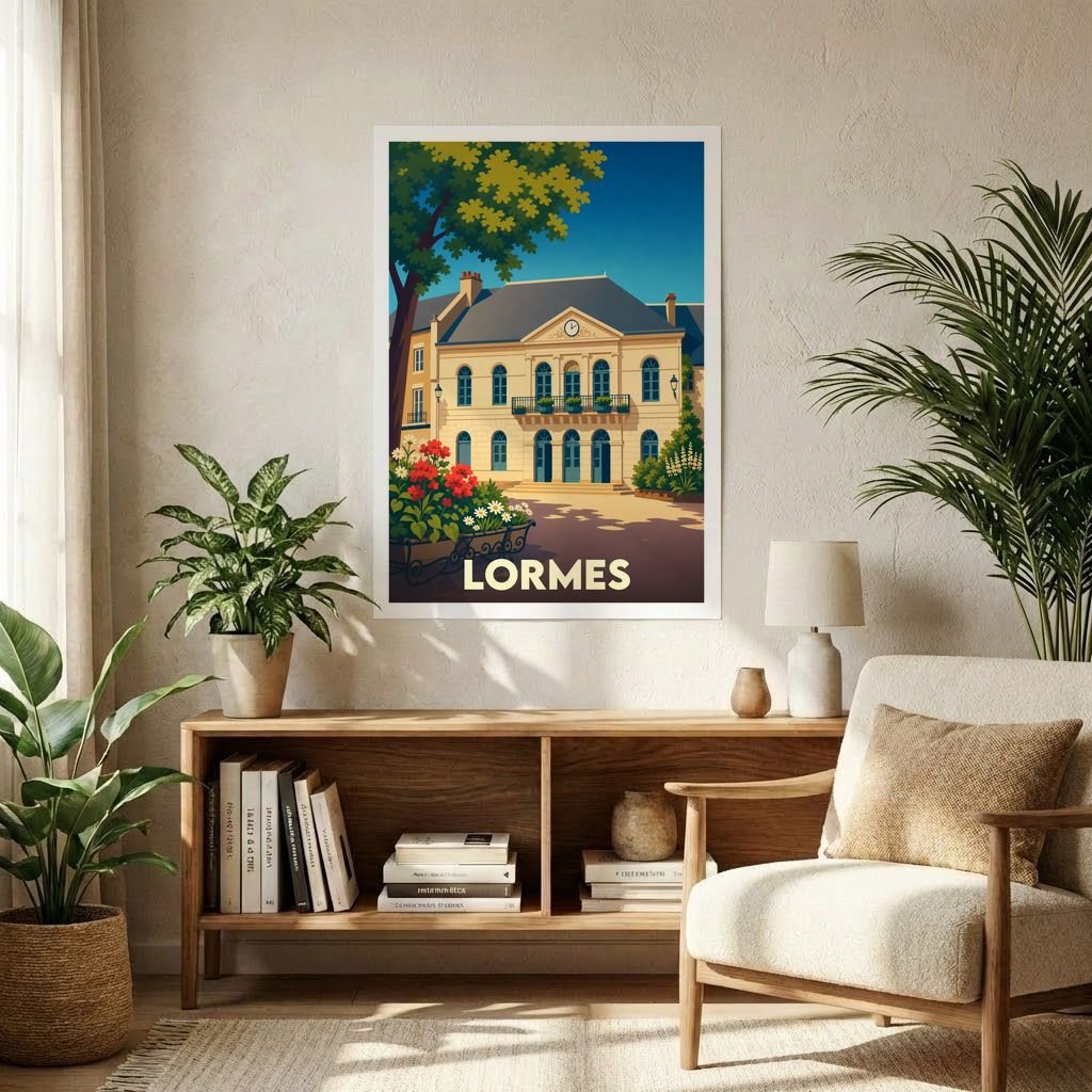 Affiche souvenir de la ville de Lormes avec une illustration stylisée d'un bâtiment historique.