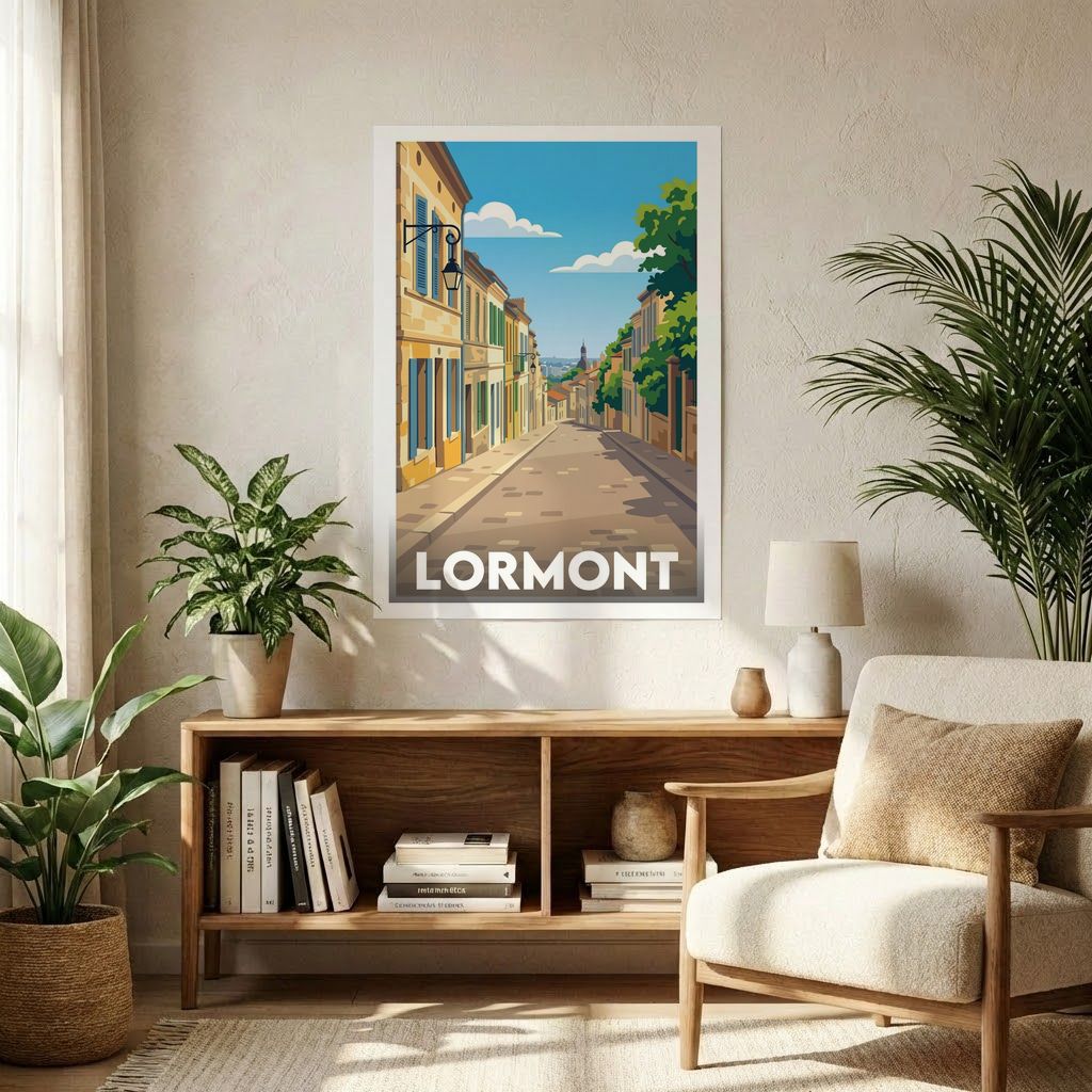 Affiche souvenir de la ville de Lormont présentant une illustration stylisée d'une rue pittoresque.