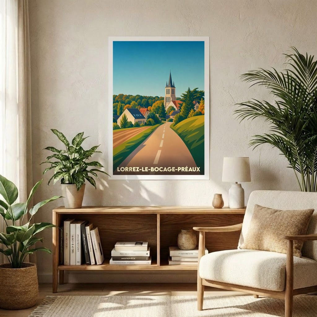 Affiche souvenir de la ville de Lorrez-le-Bocage-Préaux avec une illustration stylisée de son église et de sa campagne.