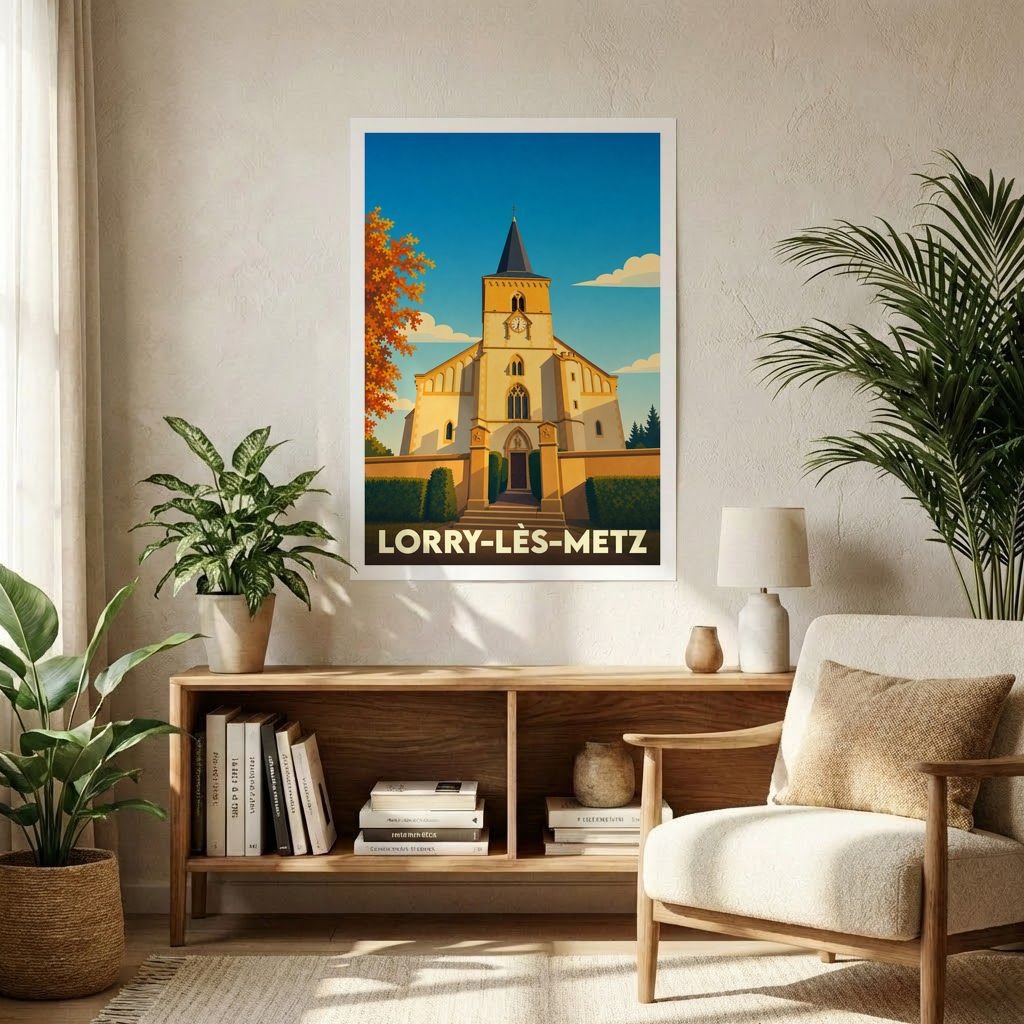 Affiche souvenir de la ville de Lorry-lès-Metz avec une illustration stylisée d'une église sous un ciel bleu.