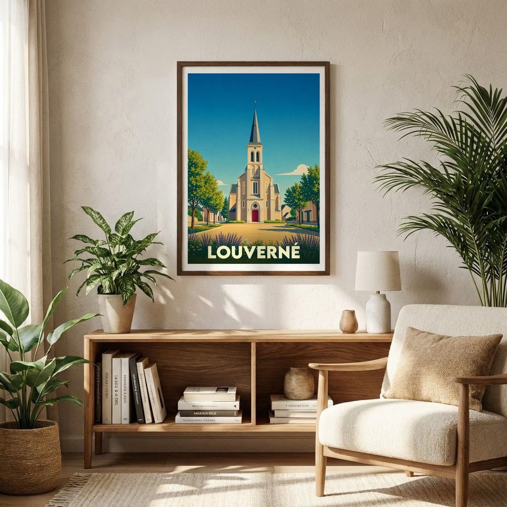 Affiche souvenir de la ville de Louverné avec une illustration stylisée de son église.