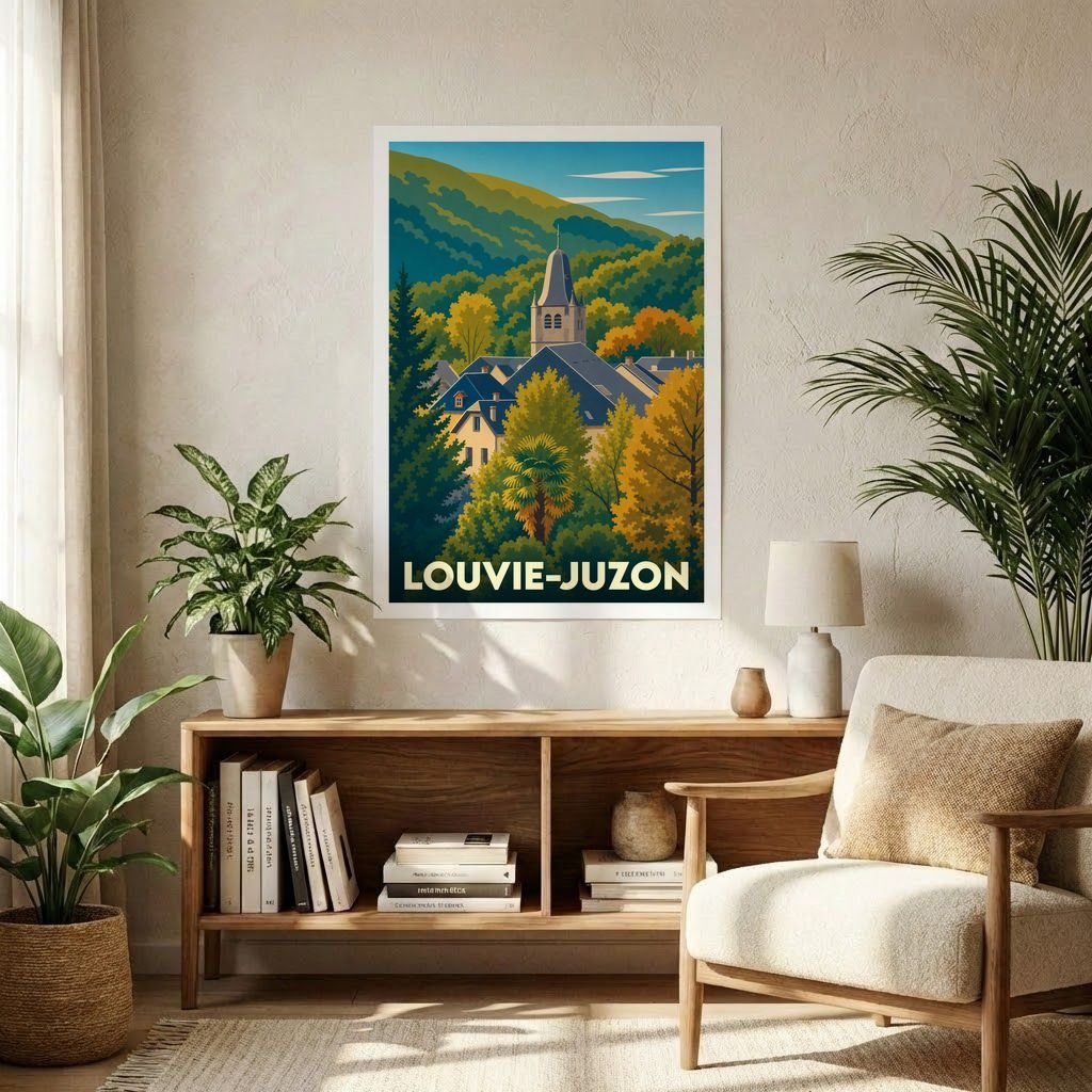 Affiche souvenir de la ville de Louvie-Juzon avec une illustration stylisée de son église nichée au cœur d'un paysage montagneux.