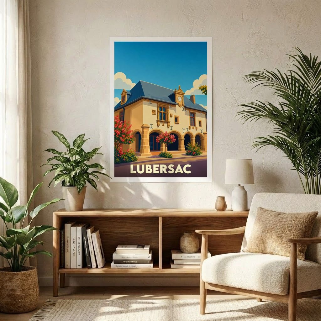 Affiche souvenir de la ville de Lubersac illustrant son architecture traditionnelle dans un style rétro.