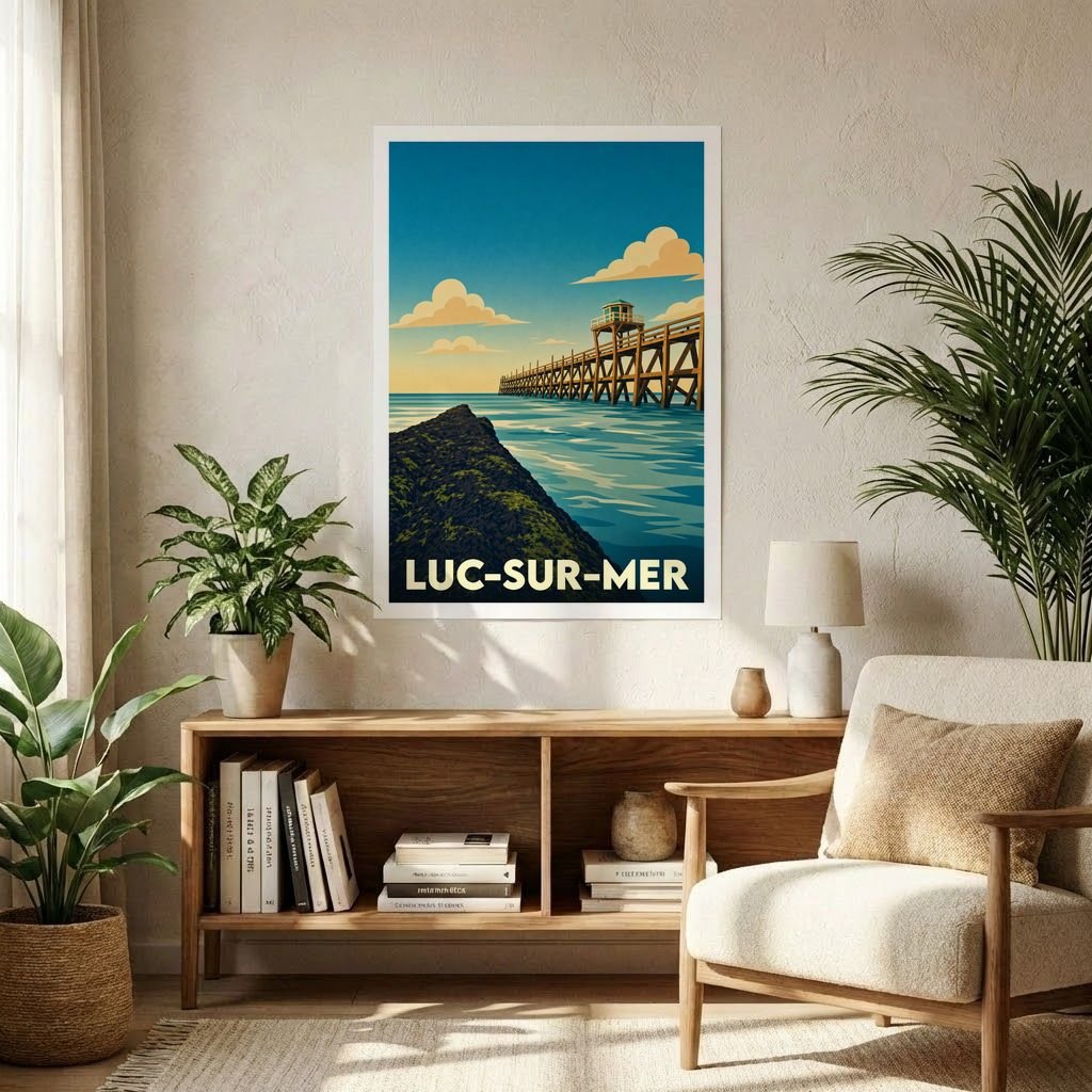 Affiche souvenir de la ville de Luc-sur-Mer illustrant sa jetée dans un style rétro et coloré.